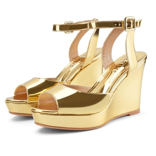 Image of Women's Platform Wedge Sandals Round Peep Open Toe Ankle Strap Buckle Slingback High Heel Dress Shoes Patent Leather Heels