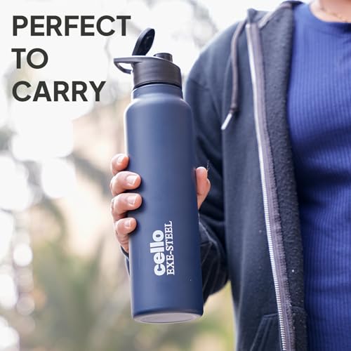 Image of CELLO Crysta Flip Stainless Steel Water Bottle 1000 ml, Navy Blue | Single Wall Freezer & Fridge Safe Lightweight Leakproof Flip lid Spillproof Rust Resistant Steel Water Bottle for School Gym Office