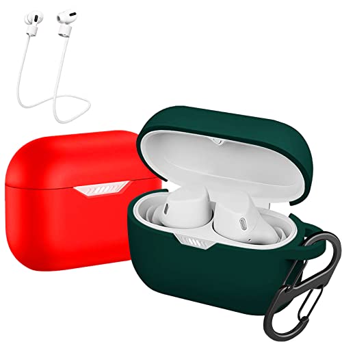 2 Pacchi Cover Custodia Compatibile con JBL Tune 230 NC TWS Cuffie e 2 Moschettone Portachiavi 2 Cinturino Anti-perdita Protezione Completa Antiurto - bluetooth silicone verde rosso