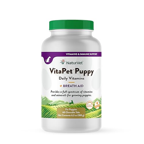 NaturVet VitaPet Puppy Daily Vitamins Plus Breath Aid for Puppies, 60 ct Time Release, Chewable Tablets, Made in The USA with Globally Source Ingredients