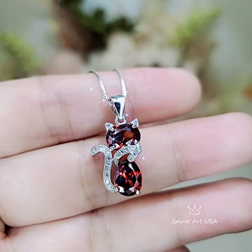 Spessartite Garnet Cat Necklace - 18Kgp @ Sterling Silver - Diamond Kitty Cat Pendant - Pet Lover Gift - Kitten Garnet Jewelry 18+2" #TOP3