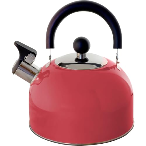 Lilys Home 2 Quart Stainless Steel Whistling Tea Kettle the Perfect Stovetop Tea and Water Boilers for Your Home Dorm Condo or Apartment. (Pastel Red)