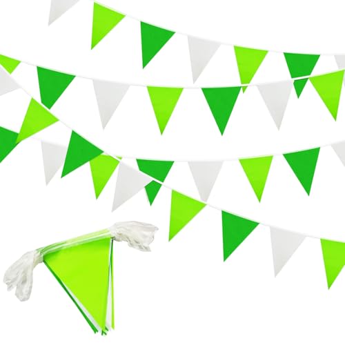 Guirlande verte et blanche de 20 m, 52 fanions triangulaires réutilisables et imperméables, pour décoration d'anniversaire, de mariage, de fiançailles, d'intérieur et d'extérieur