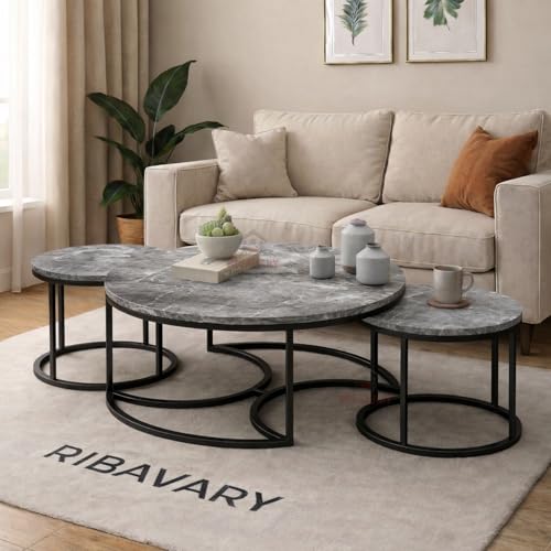 Image of Round Coffee Table Set of 3, Marble Laminated Accent Center Table with Sturdy Metal Base | Modern Foldable Nesting Stacking Tables for Living Room, Bedroom, or Apartments (Black - Grey)
