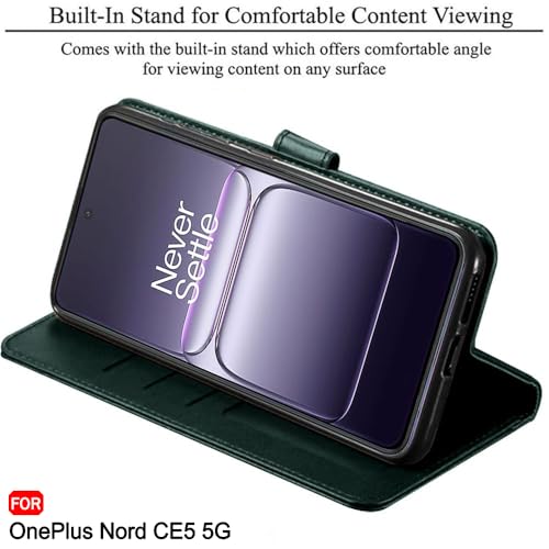 Image of TheGiftKart Genuine Leather Finish Flip Back Cover Case for OnePlus Nord CE 5 5G | Inbuilt Pockets & Stand | Wallet Style | Designer Button | Flip Back Cover for OnePlus Nord CE5 (Faux Leather, Green)