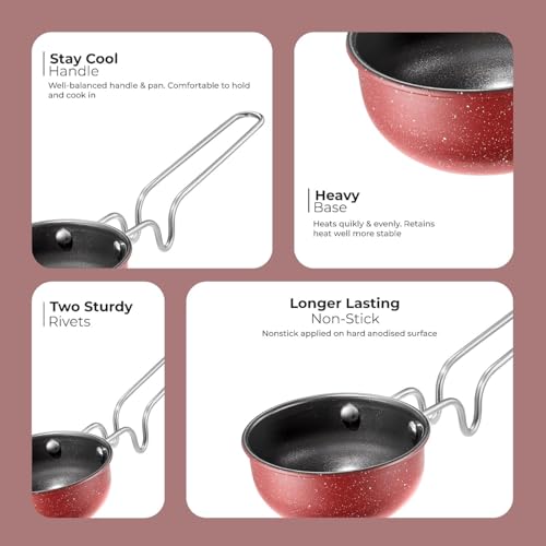 LAZYwindow Premium Nonstick Tadka Pan, 11cm Diameter, Maroon Base | Small Frying Pan for Tempering Spices, Gas & Induction Compatible | Cool-Touch... - Image 2