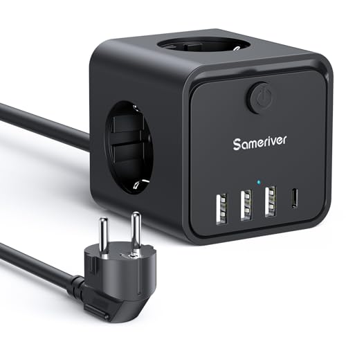 Cubo Regleta Enchufes, 7 en 1 Cubo enchufes con USB de Pared 3 Tomas 1 USB A con 3 USB C, con Interruptor Cable 2M 4000W/16A Regleta con USB Ideal para Sala de Estar Oficina Dormitorio