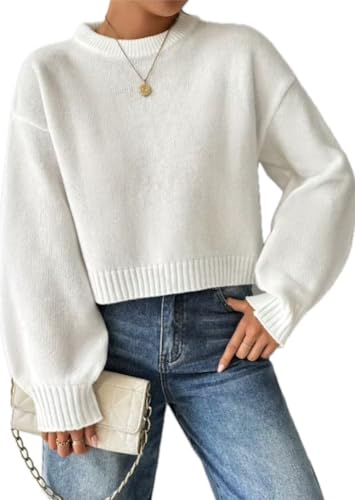 Cropped Knit Sweater, White, Balloon Long Sleeves, Crew Neck, Ribbed Trim