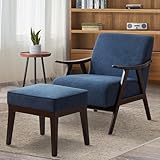 HUIMO Accent Chair with Ottoman, Tufted Mid Century Modern Arm Chair and Footrest, Solid Wood, Upholstered Living Room Chairs and Ottoman Set, for Bedroom, Reading,Side Comfy (Blue)