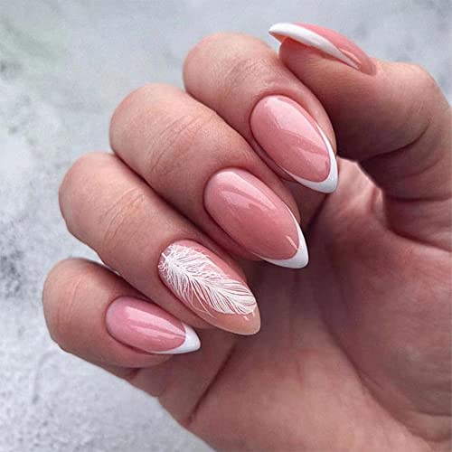 Clavos franceses blancos de almendra mediana para pegar, KXAMELIE Presione sobre uñas con diseños de piel, uñas acrílicas para mujeres y niñas, uso diario, 24 unidades