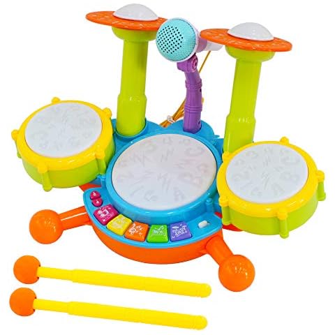 deAO Beginners Musical Table Top Drum Kit Play Set with Drum Sticks, Microphone, Light Features, Interactive Music and Sounds for Babies Kids and Toddlers Cover