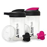 BluePeak Protein Shaker Bottle 20 oz with Dual Mixing Technology, Strong Loop Top, BPA Free, Shaker Balls & Mixing Grids Included - On-The-Go Small Protein Shakers (2 Pack - Black & Pink)