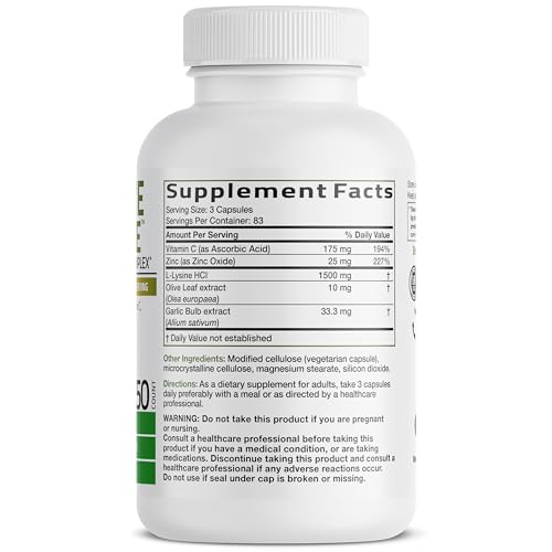 Image of Bronson L-Lysine Defense Immune Support Complex 1500 MG L-Lysine Plus Olive Leaf, Garlic, Vitamin C and Zinc - Non-GMO, 250 Vegetarian Capsules