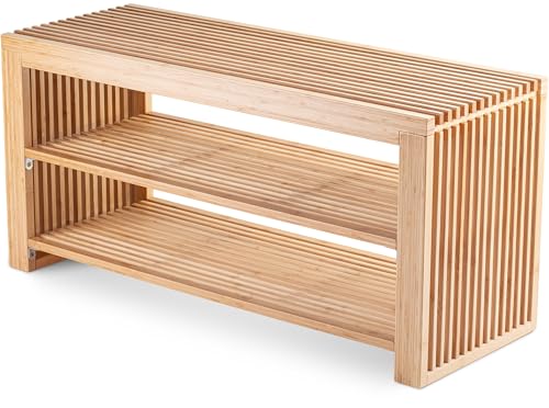 Banc à Chaussures avec Assise en Bambou - Étagère à Chaussures étroite avec 2 Niveaux pour 6 Paires de Chaussures - Meuble à Chaussures Peu encombrant...
