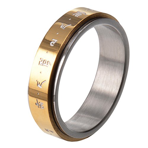 HIJONES Men's Stainless Steel Buddhist Gold Mantra Pattern Spinner Lucky Ring
