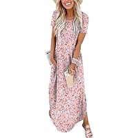 ANRABESS Women's Summer Casual Loose Short Sleeve Long T Shirt Dress Split Maxi Beach Sundress Travel Vacation Outfits Floral Blue Pink Small