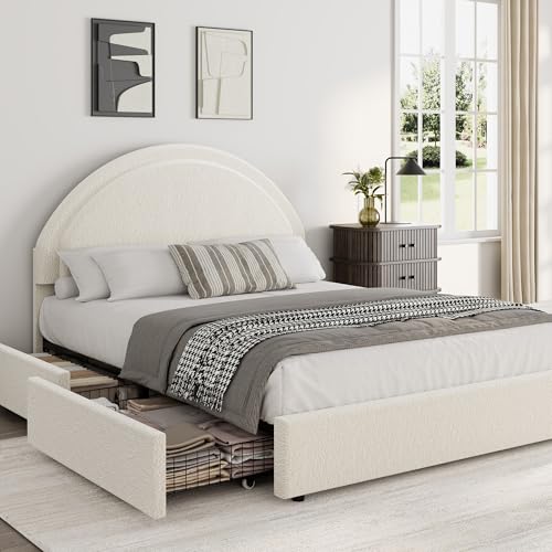 Garvee Full Size Bed Frame with Storage Drawers, Upholstered Boucle Platform Bed with Round Headboard, Heavy Duty & Noise Free, No Box Spring Needed, Beige