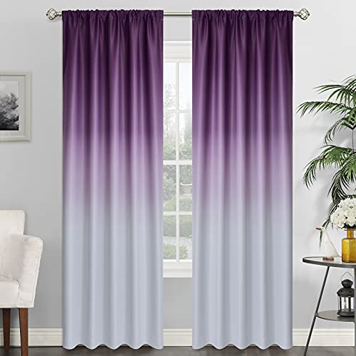 SimpleHome Rod Pocket Ombre Room Darkening Curtains for Bedroom, Light Blocking Gradient Purple and Greyish White Thermal Insulated Curtains Drapes for Living...