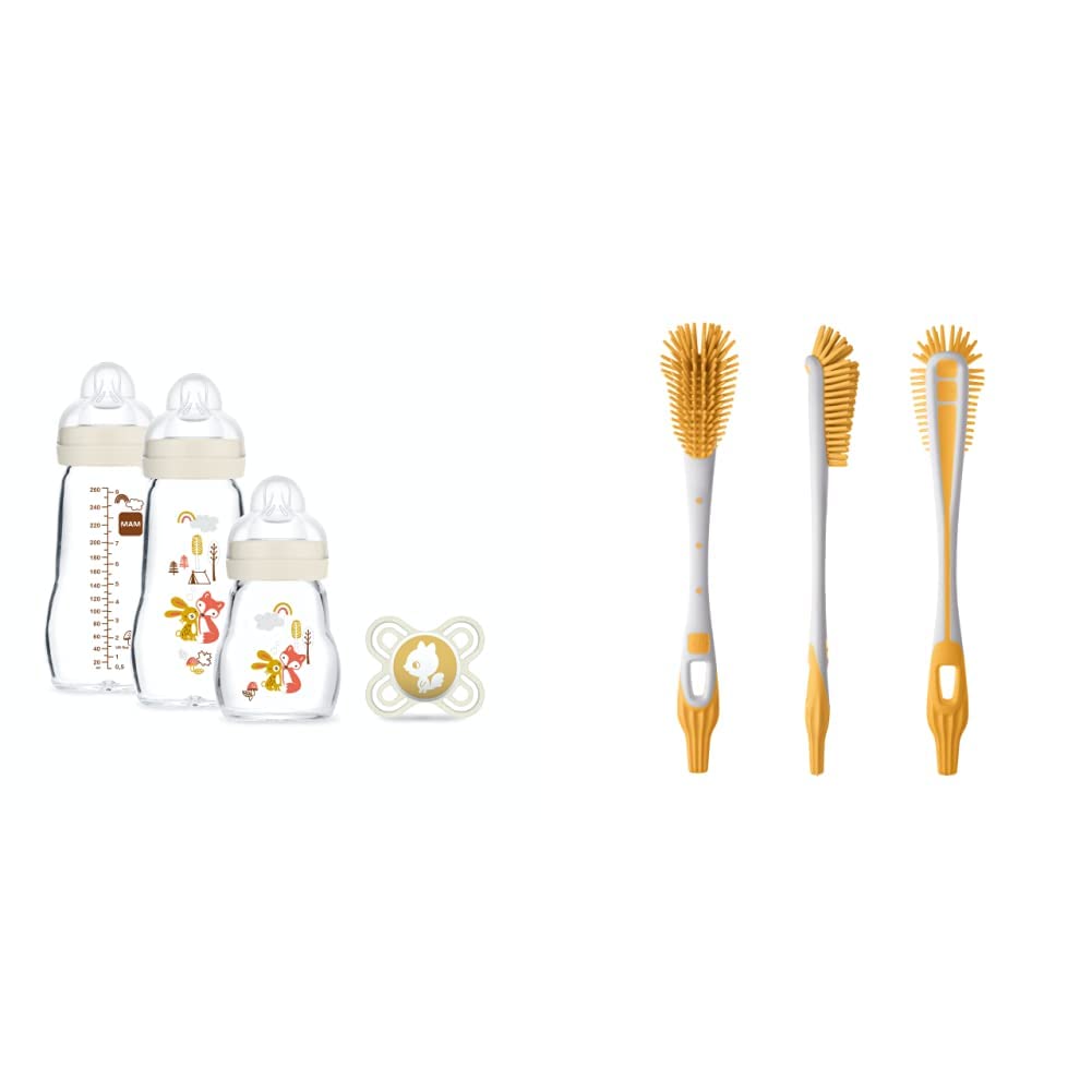 MAM Coffret Biberons Verre (3 biberons verre + 1 sucette) – Biberon MAM en verre résistant à la chaleur & Goupillon biberon & tétine, poils extra-souples anti-rayures – coloris aléatoire