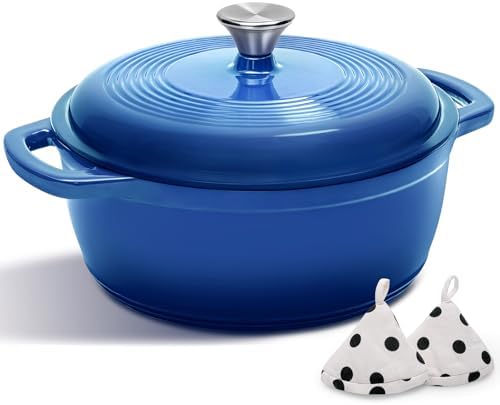 Cast Iron Dutch Oven Pot With Lid - AIVIKI 5QT Enameled Dutch Oven for Bread Baking With Cotton Potholders - Heavy- Duty Cookware Across All Cooktops, Wedding Registry Ideas & Gifts, Blue - Thumbnail 2