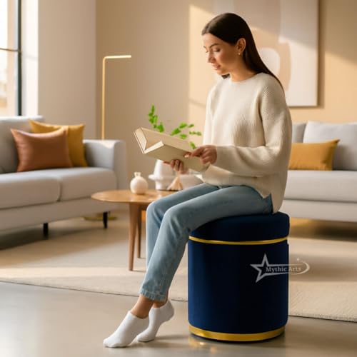 Image of Ottoman Stool for the Living Room Ottoman Pouffes for Sitting, Puffy Stool for Living Room Dressing Table Stool Blue