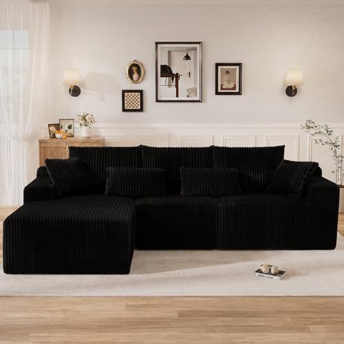 Image of 110 inch L Shaped Cloud Boneless Sectional Couches for Living Room, Modern Comfy Modular Deep Seat Memory Foam Compressed Corduroy Sofa Oversized Left Facing Chaise, No Assembly Required, Balck