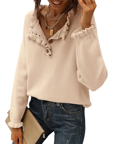 BTFBM Womens Sweaters Fall Winter Clothes 2025 Long Sleeve Button Down Ruffle Crew Neck Casual Knitted Pullover Tops(Beige, Small)