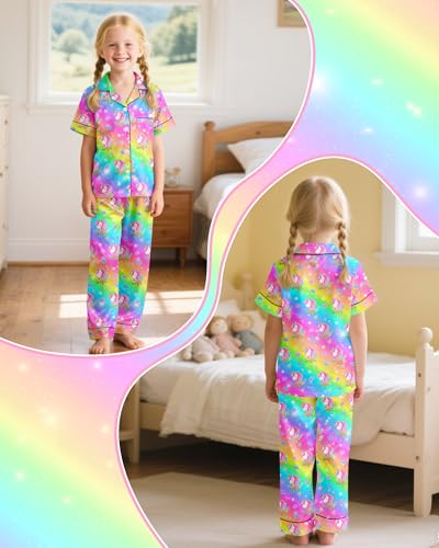 Nidoul Girls Pajamas Silky Short Sleeve Long Pants Cute Jammies Satin Sleepwear Pjs Set for Toddler Kids 3T-10Y2