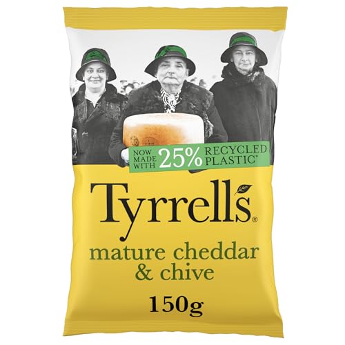 Tyrrells Crisps MATURE CHEDDAR & CHIVE Crisps 150g Bag - Hand-cooked & spun for an exquisite fresh taste. No artificial ingredients (No artificial flavour colours or MSG)