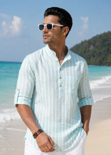 Image of Majestic Man Men's Pure Cotton Striped Mandarin Collar Regular Fit Roll-Up Sleeves Short Kurta