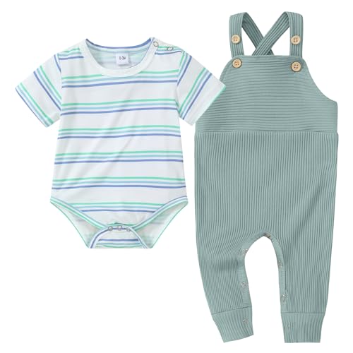 Image of DISAUR Newborn Baby Boy Clothes, Infant Boy Bodysuit Outfits Long Sleeve Romper + Bib Overall Pants Fall Newborn Boy Clothes