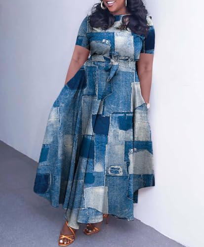 Image of Hostoyo Women Plus Size Formal A Line Maxi Dress Self Tie Waist with Pockets Elegant Round Neck Swing Long Dresses