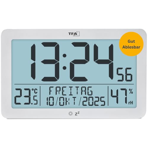 TFA Dostmann Digitale Wanduhr mit Funkuhr und Temperatur, 60.2568.02, mit Luftfeuchtigkeitsmesser, auch für Senioren geeignet, Tischuhr, inkl...