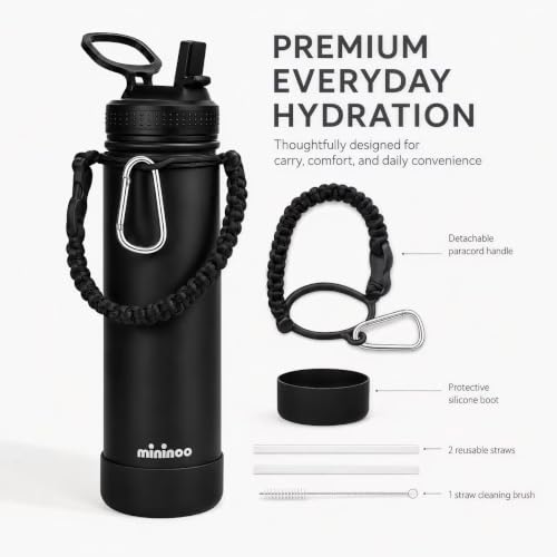 Image of mininoo 24 oz Insulated Stainless Steel Water Bottle with Straw, Black