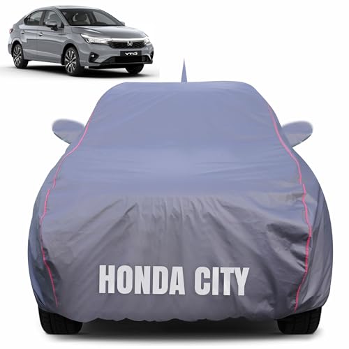 Image of 100% Waterproof Car Body Cover for Honda City with Mirror Pocket (Heat & UV Resistant, Triple Stitched, Soft Lining, Bottom Elastic & Piping) Grey