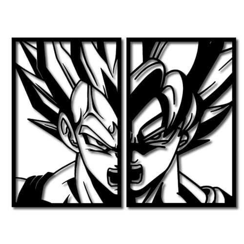 Set de 2 cuadros Dragon Ball – Majin Vegeta vs Son Goku – Decoración en madera 3D – Estilo épico de batalla – Negro mate – Corte láser de alta precisión – 4 tamaños (XL, L, M, S) (Tamaño XL)