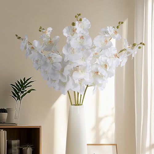 6 Pcs Artificial Orchid Stems 33.5" Tall 9 Large Petals Fake White Phalaenopsis Flower Arrangements for Home Wedding Living Room Table Centerpiece Office Table Decor White
