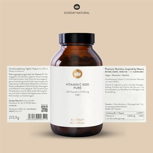 SUNDAY NATURAL® Pure Vitamin C – Reines Vitamin C 1000mg pro Kapsel – Hochwertige Ascorbinsäure mit ≥ 99 % Reinheit - 240 vegane Kapseln – Laborgeprüft, ohne unnötige Zusätze