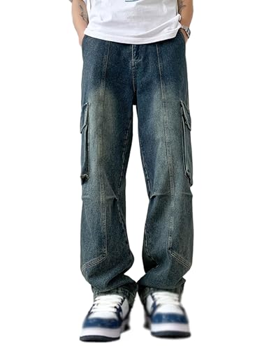 Men's Casual Vintage Loose Straight Hip Hop Cargo Denim Streetwear Jeans Pants