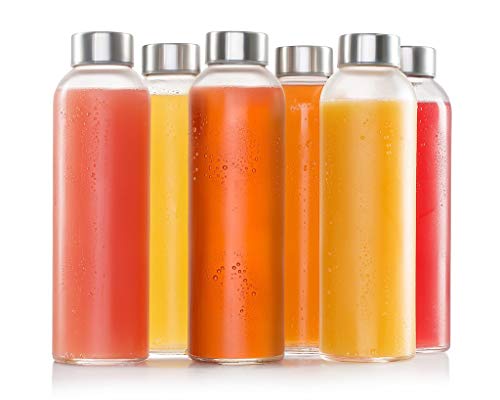 Sagler glass bottles 6 Pack 18oz - Includes 6 Sleeves (COLORS MAY VARY) - glass drinking bottles for Beverage and Juice - water bottle glass with stainless Steel Caps with - Leak-Proof Lid