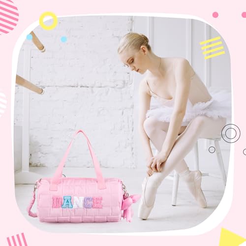 Image of 12.8 Inches Quilted Puffer Ballet Dance Bag Cute Tote Bag with Hanging Bow Pendant for Travel Dancing Dress