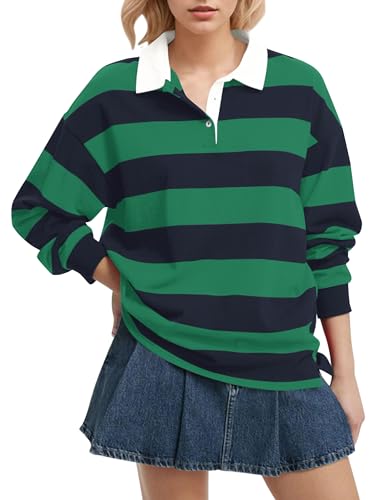 Lenader Women Long Sleeve Striped Polo Shirt Oversized Collar Y2k Pullover T Shirt Casual Loose Streetwear Rugby Sweatshirt Green-Navy