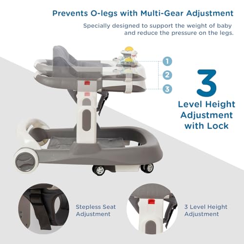 Image of Mee Mee 2-in-1Baby Walker | 3 Level Adjustable Height | Musical Detachable Toy Bar with Lights | Compact and Portable | Washable Cushioned Walker | Age 6-18 Months| 15kg | Grey