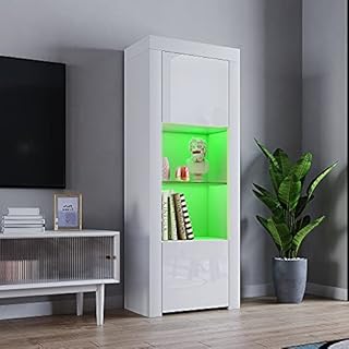 Panana 2 Door LED Tall Display Sideboards Matt Body & High Gloss Fronts Storage Cabinet with Glass Shelf for Living Dining Room W 62 x D 35 x H 160cm (All White)