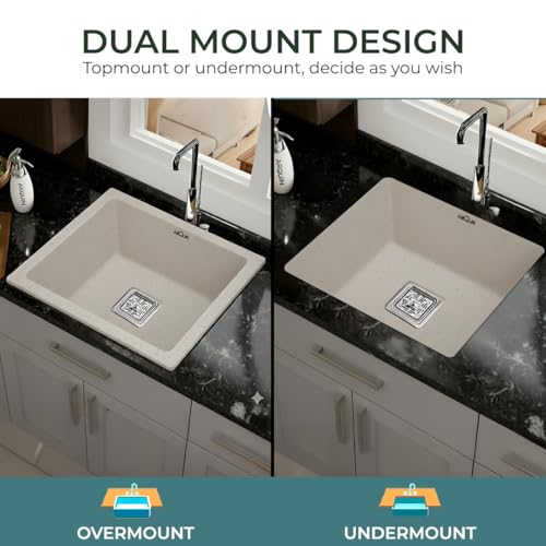 Image of ARQUIN Quartz Kitchen Sink 18x16x9 Inch Rosa | Single Bowl Sink | Durable & Scratch-Resistant | Undermount /Topmount Including Coupling, Waste Pipe & Fruit Washing Basket