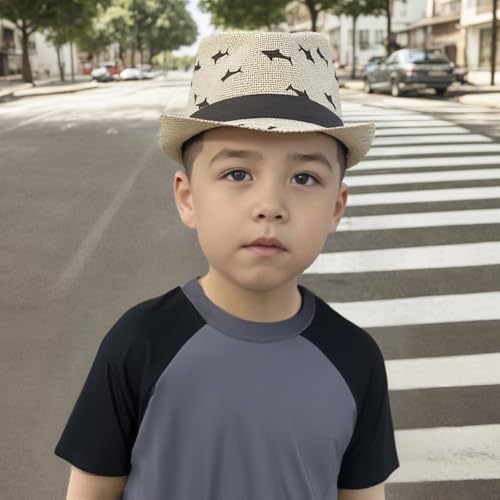 FakeFace Kinder Jungen Mädchen Panamahut Sonnenhut Beach Hut Strohhut Jazz Hut UV-Schutz Sommerhut Strandkappe mit Flugzeugmuster für Kinder von 2-5 Jahre, Beige