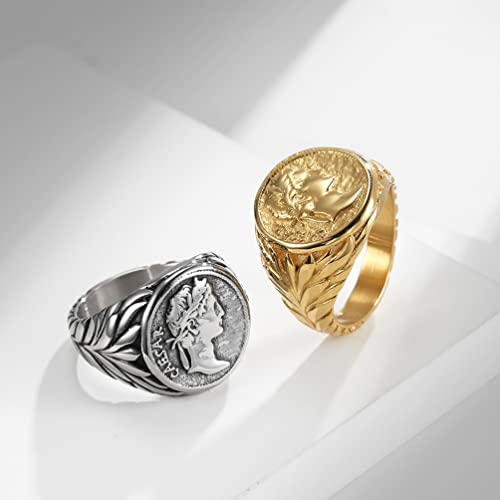 Stainless Steel Vintage Signet Rings for Men Women Roman Empire Caesar The Great Coin Statement Ring Band4