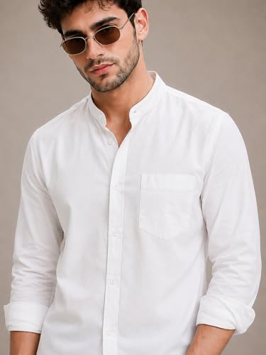 Image of Veirdo Men's Stylish Solid Casual Shirt | Chinese Collar Pure Cotton | Available in Black, Brown, Rust, Olive, White & Navy | Sizes S to XXL
