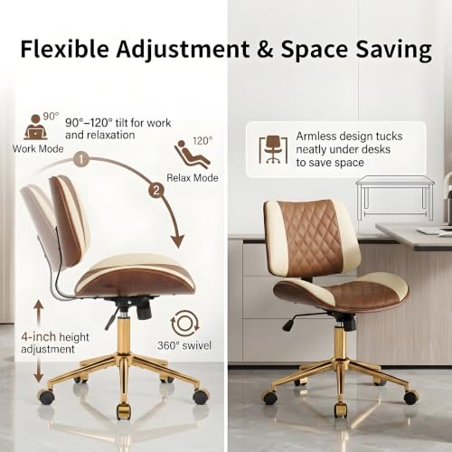 FervorFurn Armless Office Chair with Back, Mid Century Modern Walnut Style Desk Chair, No Arms Leather Computer Chair for Home Office, Vanity Chair, Seat-Rocking, Adjustable Height (Brown+Beige) - image 3
