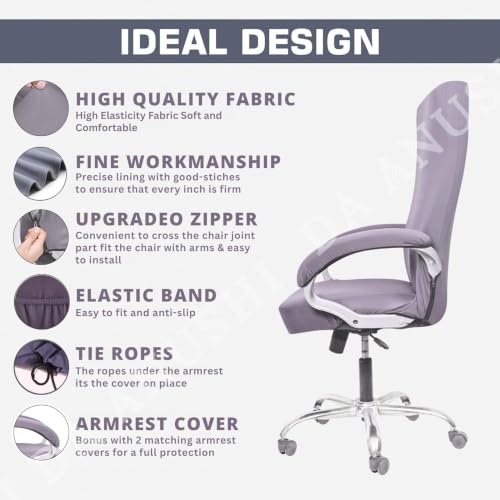Image of Premium Elastic Boss Chair Cover with Armrest Covers | Stretchable Polyester Slipcover | 1-Seater Office Chair Protector | Fits Chair Back Height 71-76cm | Combo (Coffee & Grey)